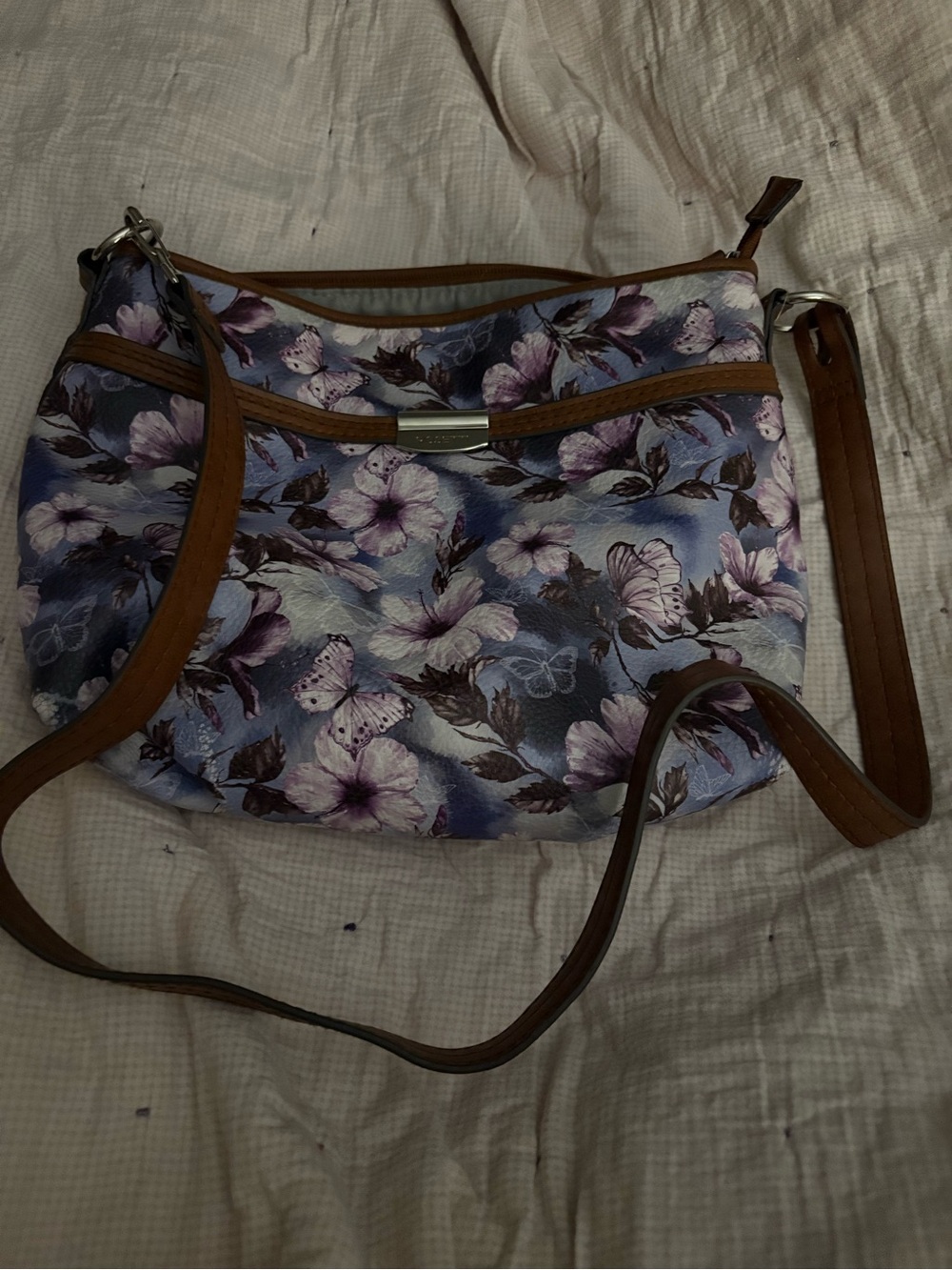 Rosetti Floral Butterfly Shoulder Bag in Lavender and Brown Trim - Picture 3 of 5